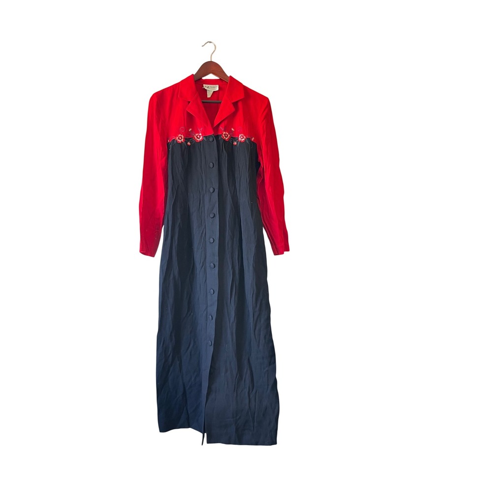 Vintage‎ SL Fashions Red Black Colorblock Floral Embroidered Maxi Dress Size 10